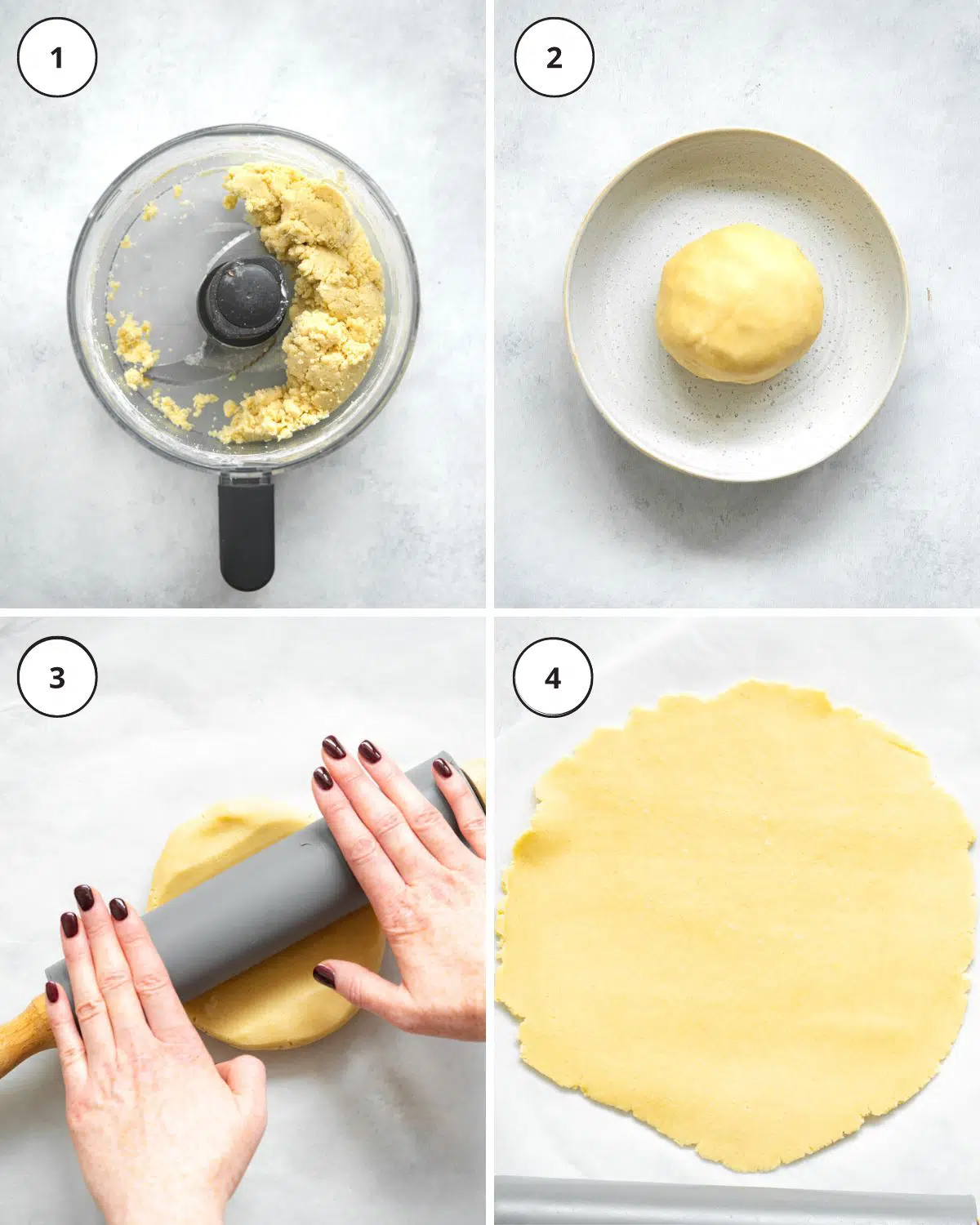 collage showing pastry being blended, and rolled out with a rolling pin.