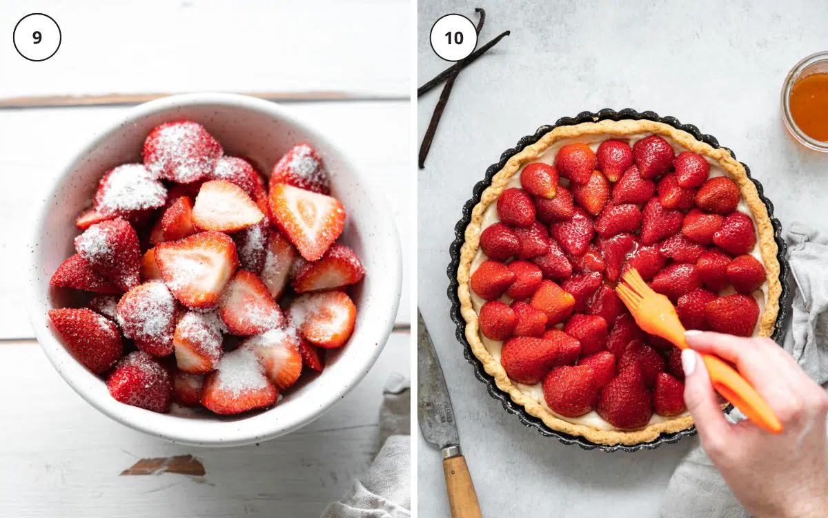 strawberries in sugar and a strawberry tart being glazed using a pastry brush.