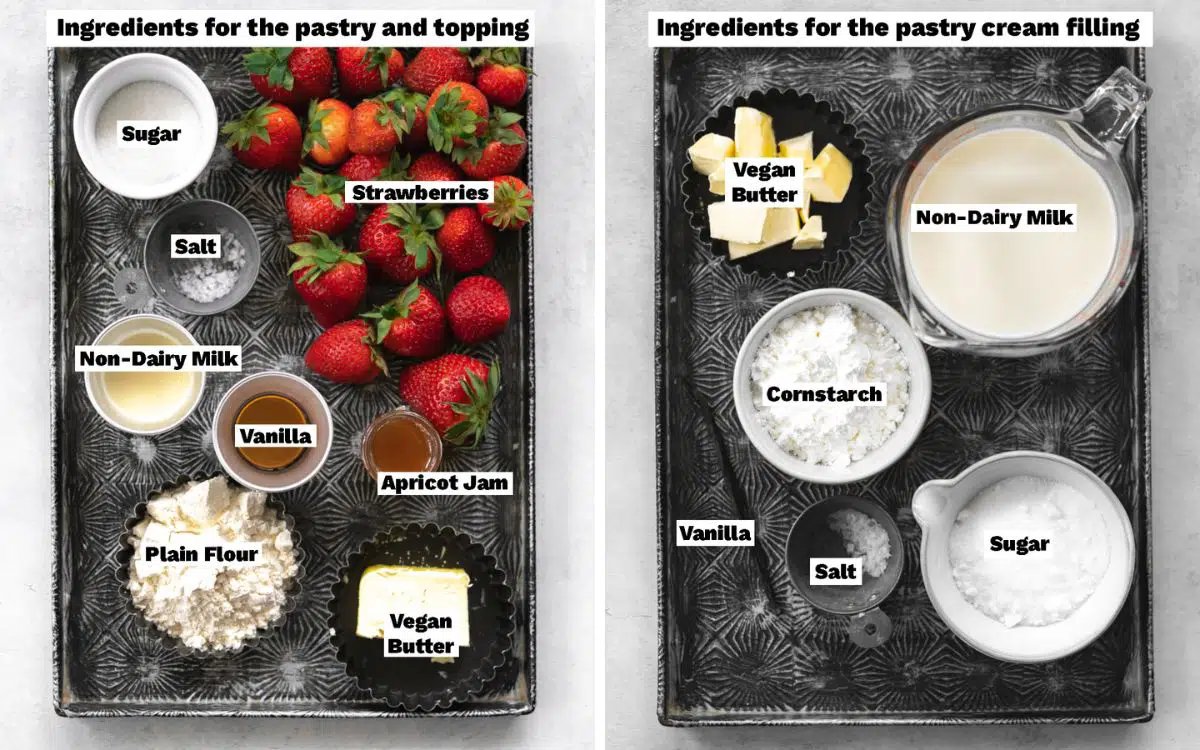 ingredients to make a vegan strawberry tart measured out on metal trays.