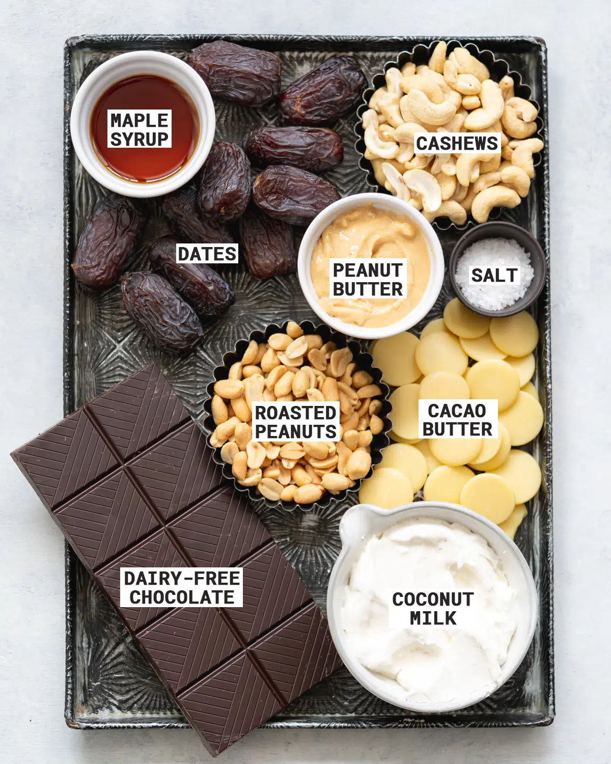 tray of ingredients for making vegan snickers tart.