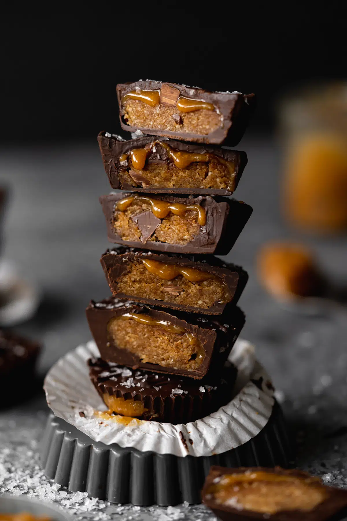 dairy free cookie dough peanut butter cups stacked up.