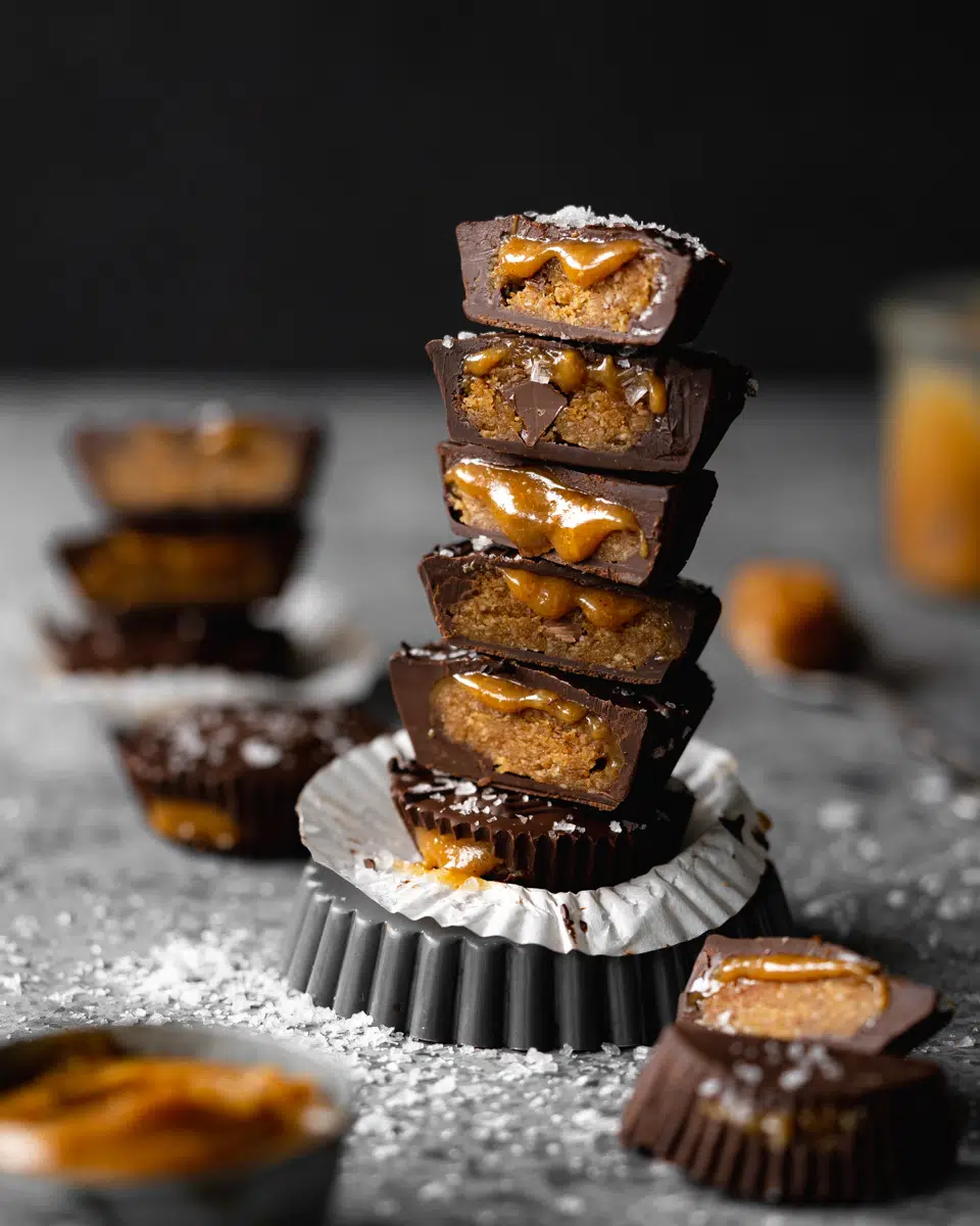 stack of vegan peanut butter cups with cookie dough and caramel.