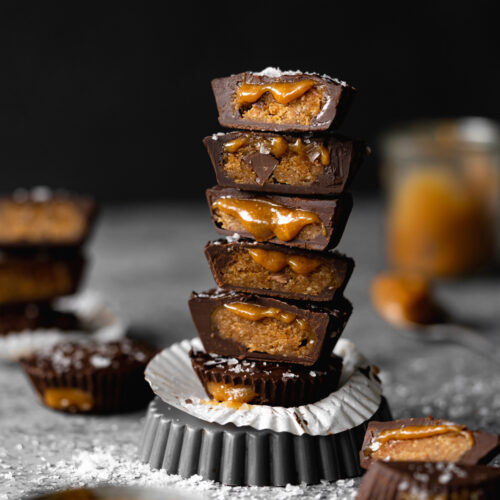 stack of cookie dough caramel cups.