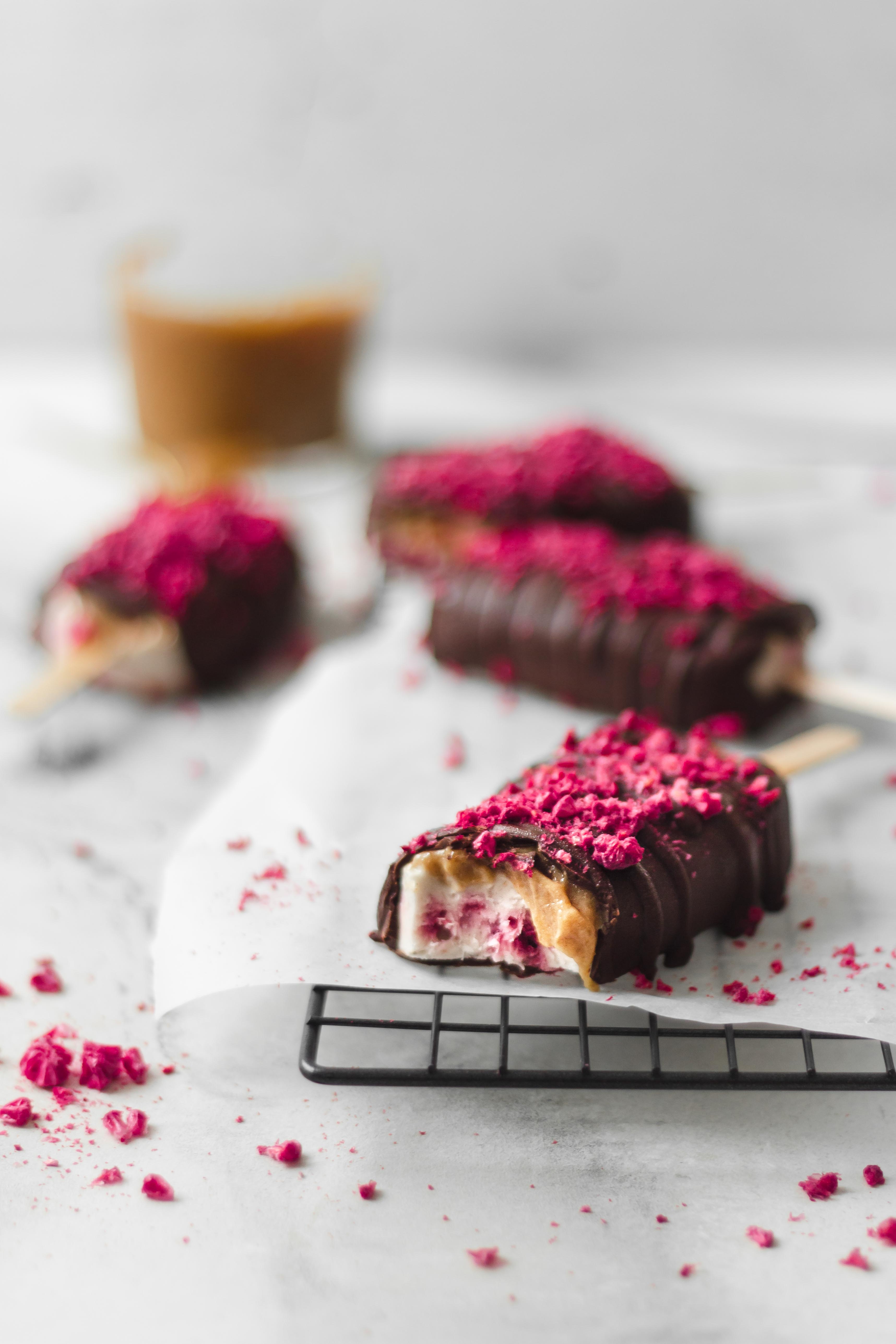 Chocolate covered raspberry ripple magnum icecream with salted caramel