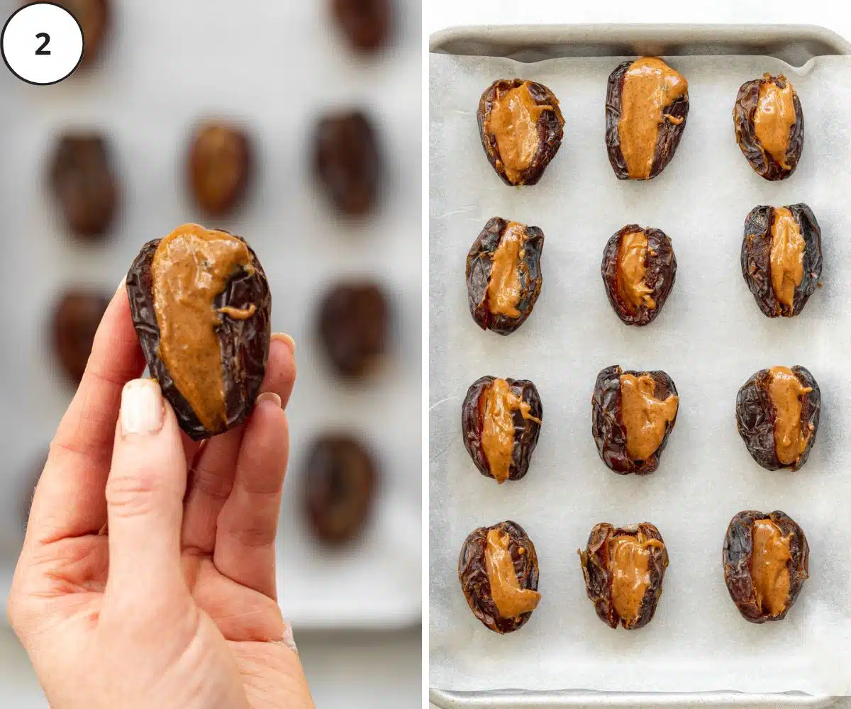 dates stuffed with peanut butter on a lined baking sheet.