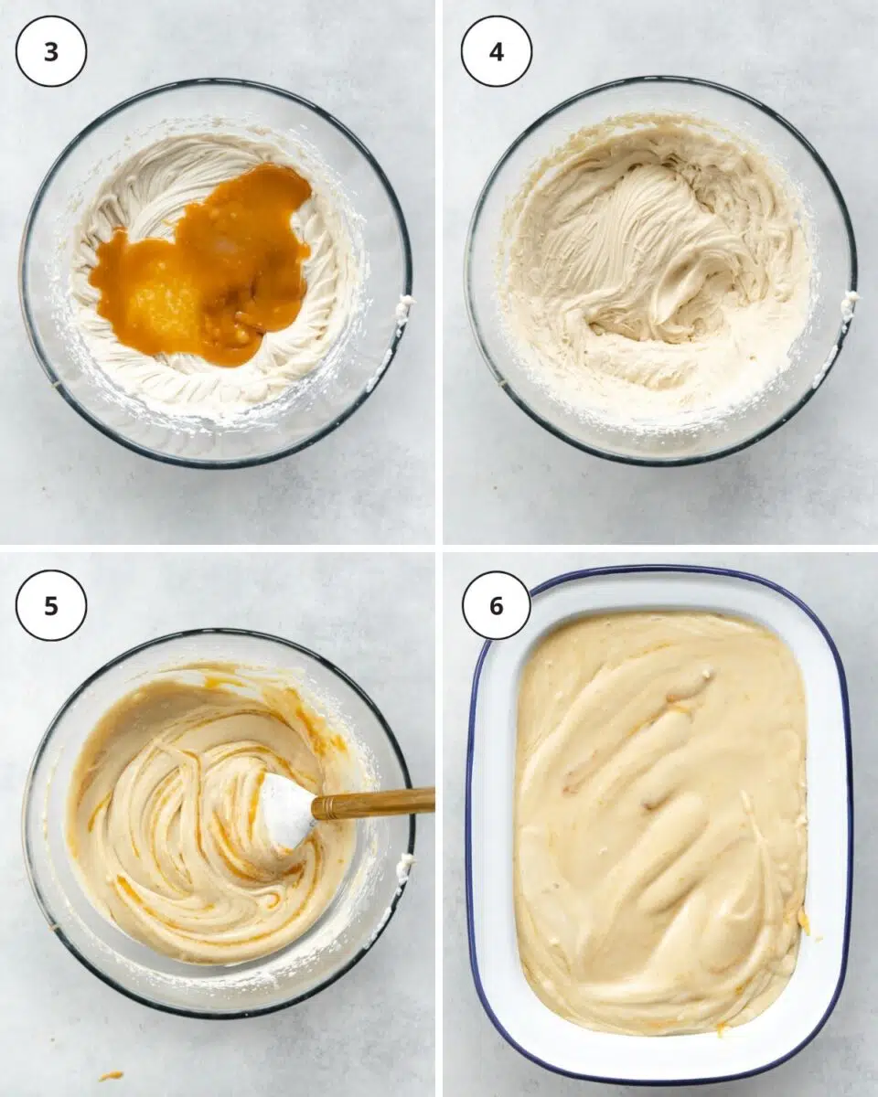 gallery of 4 images showing caramel sauce in a bowl with coconut cream, being folded through, and a container with caramel ice cream.