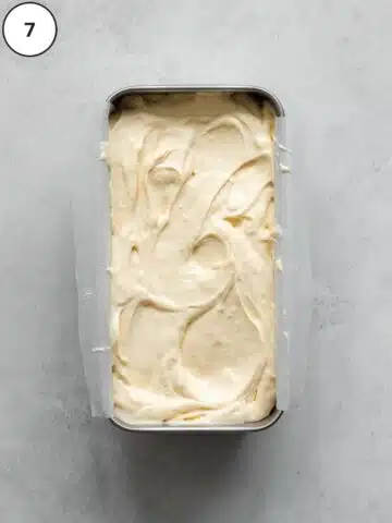 freshly made vegan passion fruit ice cream in a loaf pan container.