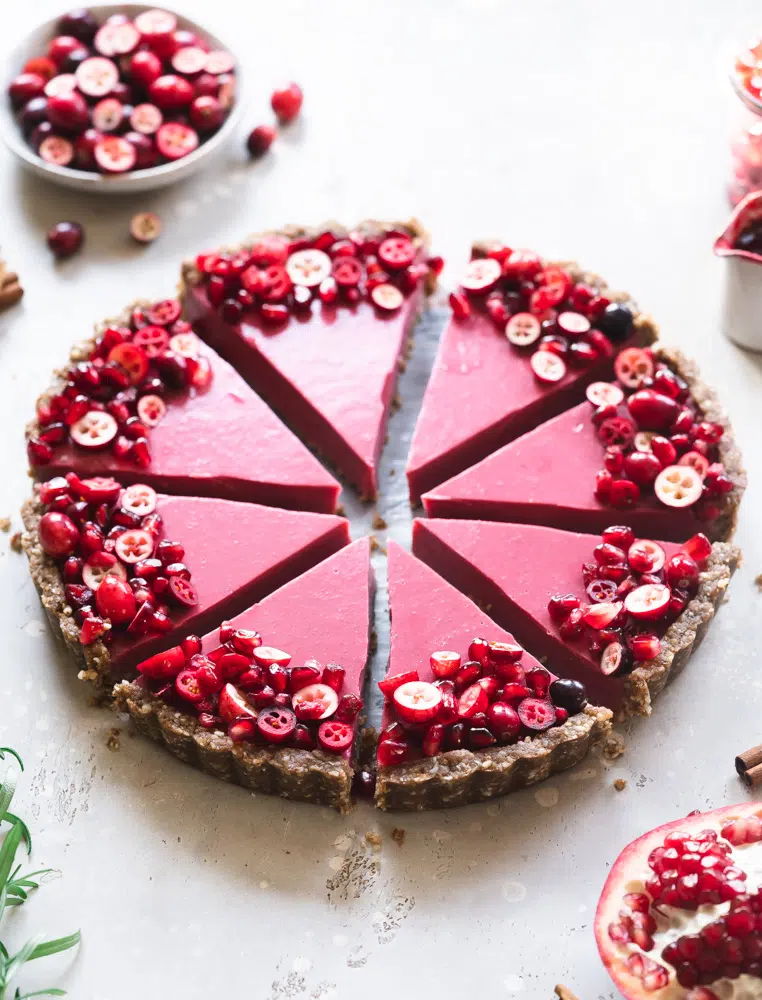 Vegan cranberry pomegranate and white chocolate tart