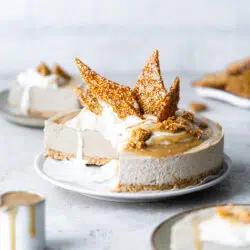 cheesecake with sesame brittle on top against stone background.