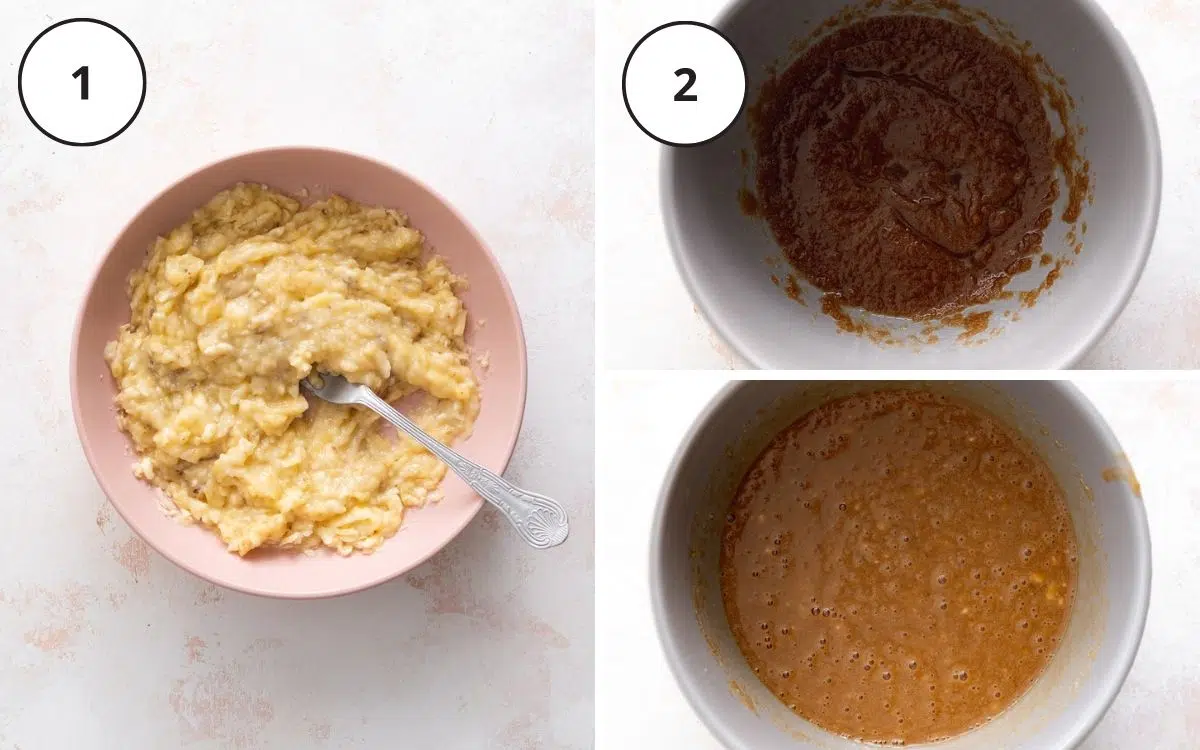 mashed bananas in a bowl and wet ingredients for banana bread in another bowl.