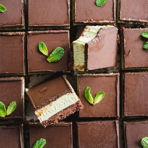 closeup of chocolate mint slices with fresh mint leaves.