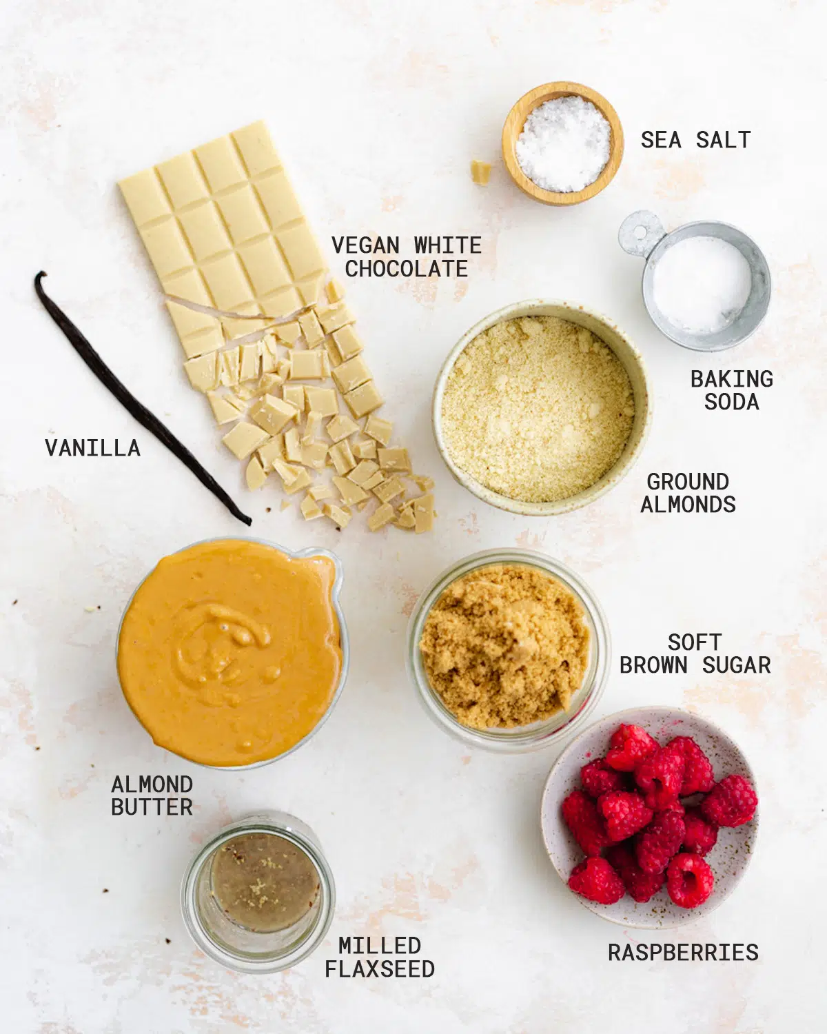 ingredients to make white chocolate raspberry cookies.