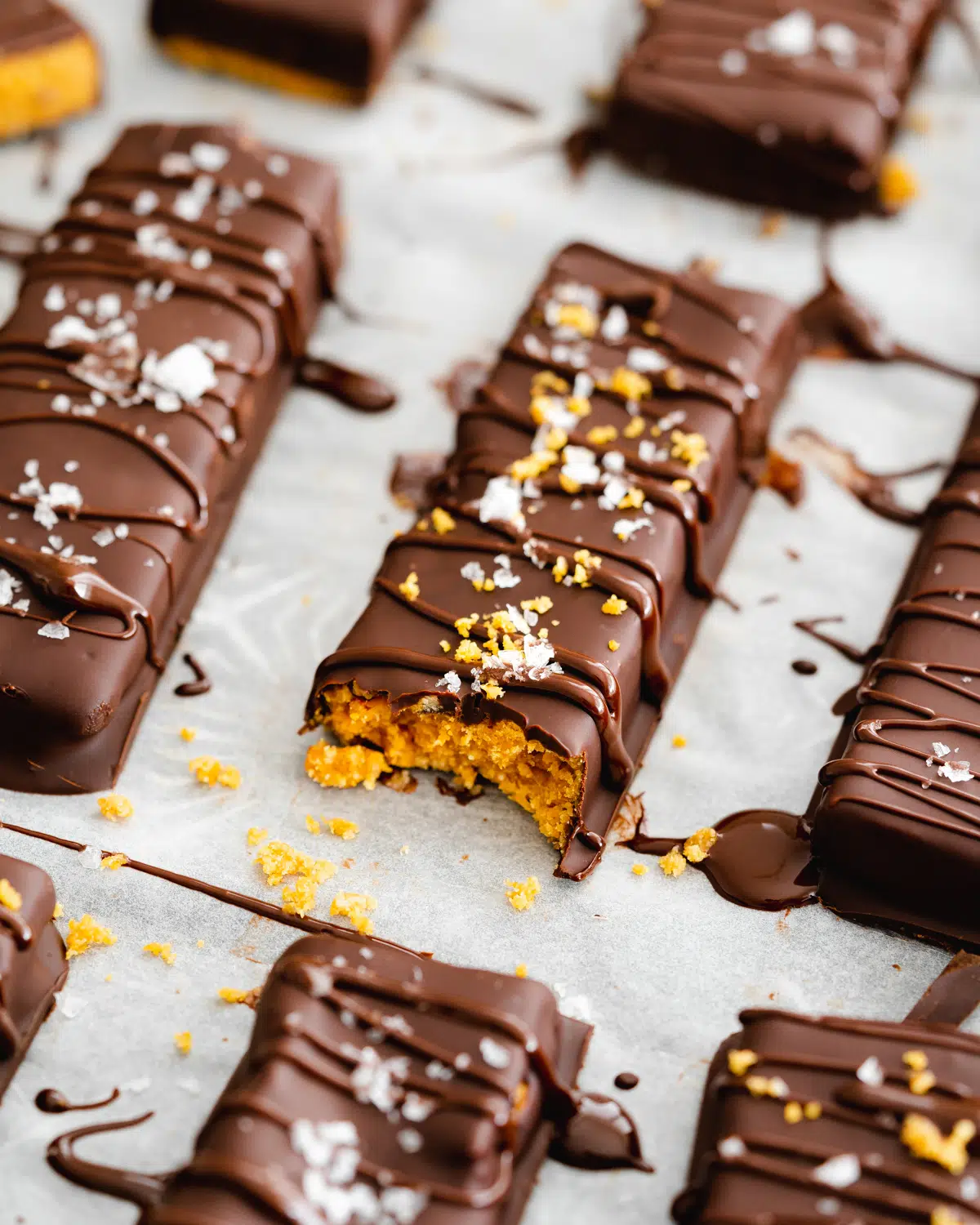 flat lay of peanut butter butterfinger chocolate bars.