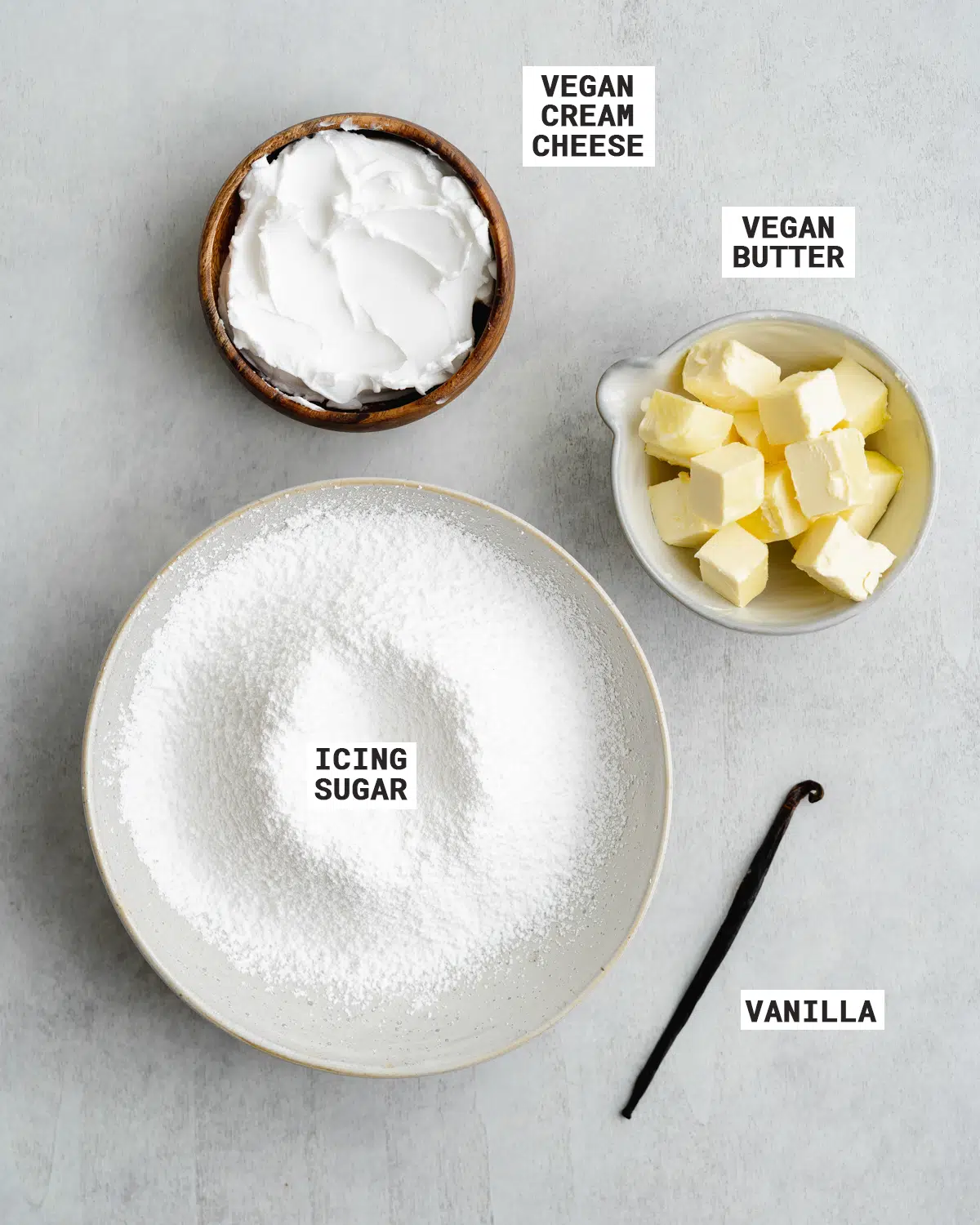 ingredients for vegan cream cheese frosting.