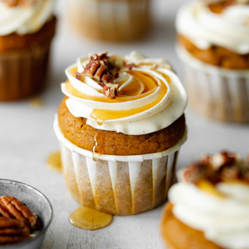 pumpkin cupcakes with maple and pecan topping.