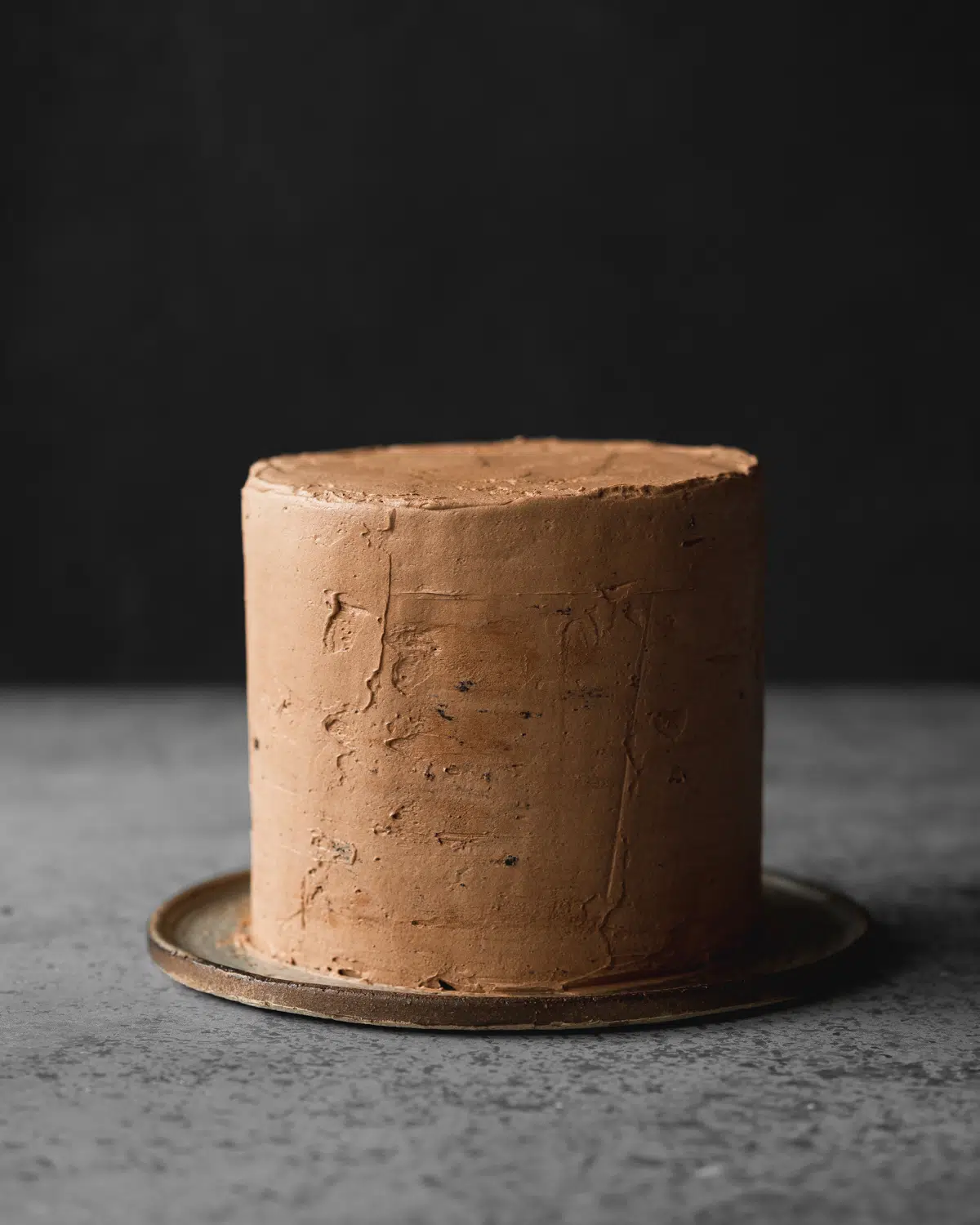 vegan chocolate cake with chocolate buttercream against dark background.