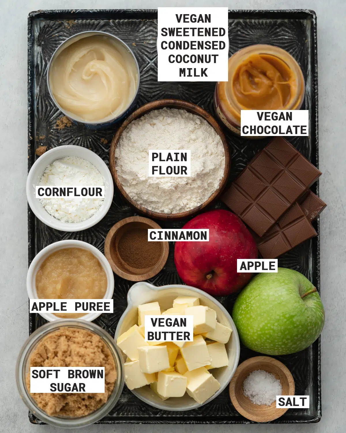ingredients for making vegan millionaire shortbread with condensed coconut milk.