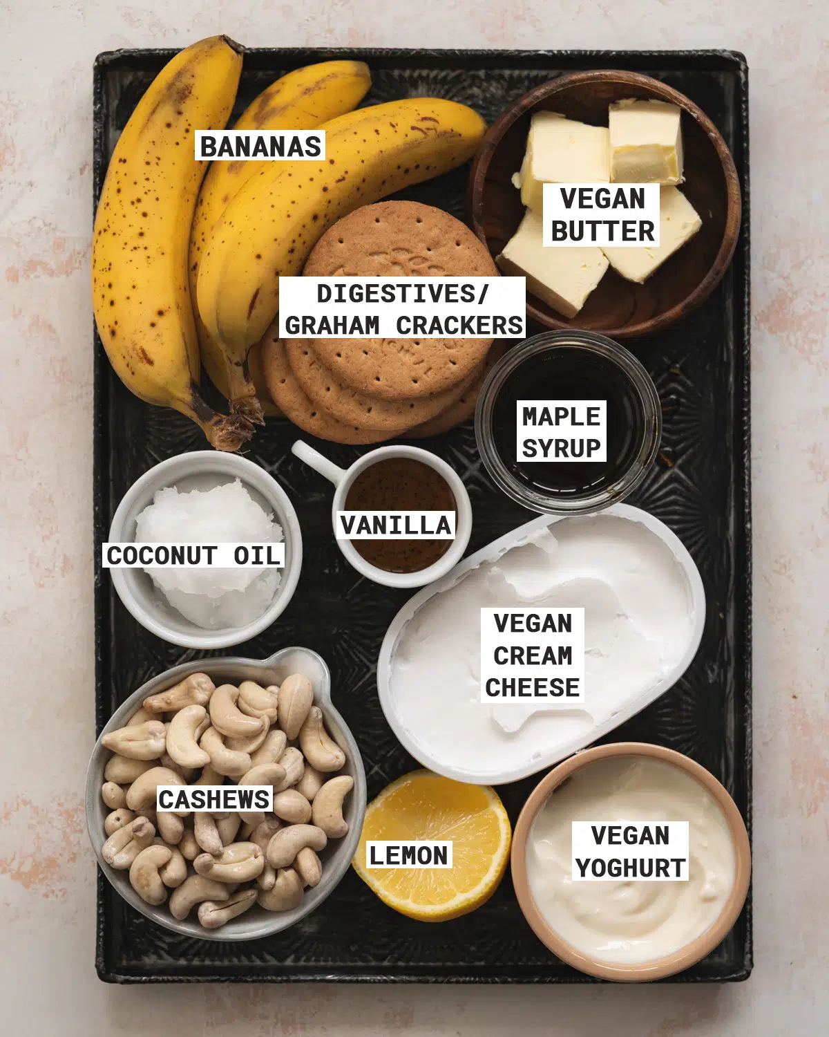 ingredients for vegan banana cheesecake.