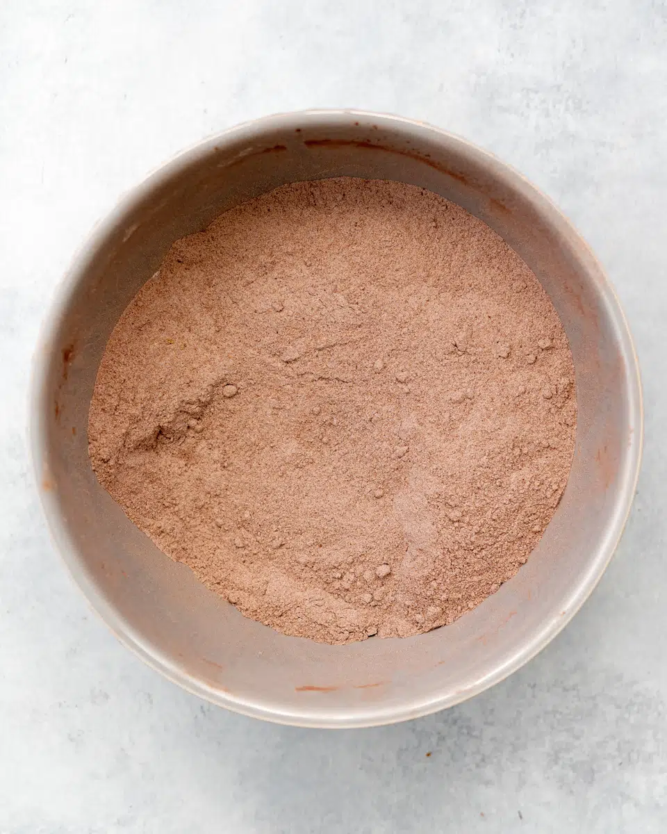 dry ingredients for vegan chocolate cake in a bowl.