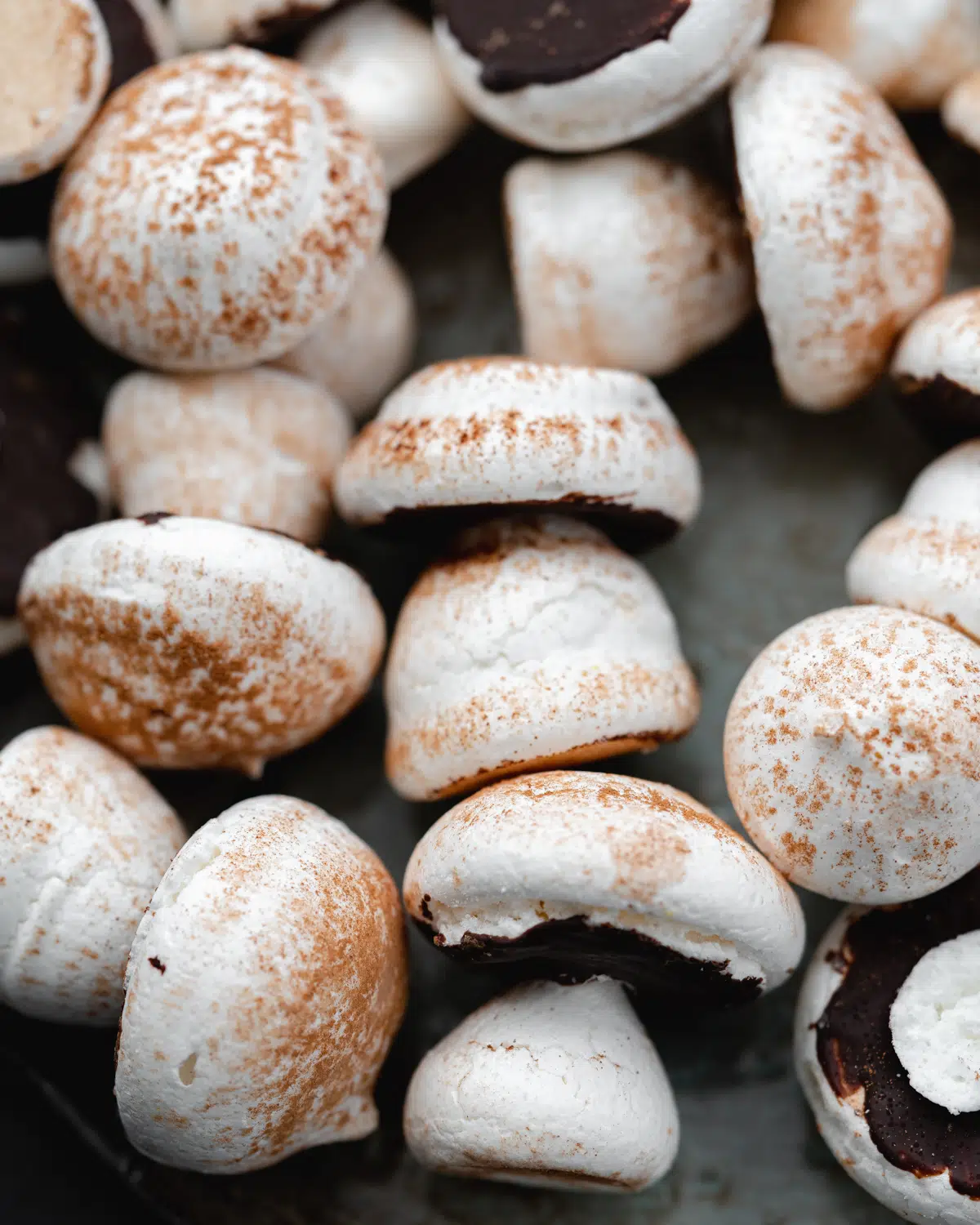 mushroom meringue cookies with chocolate.