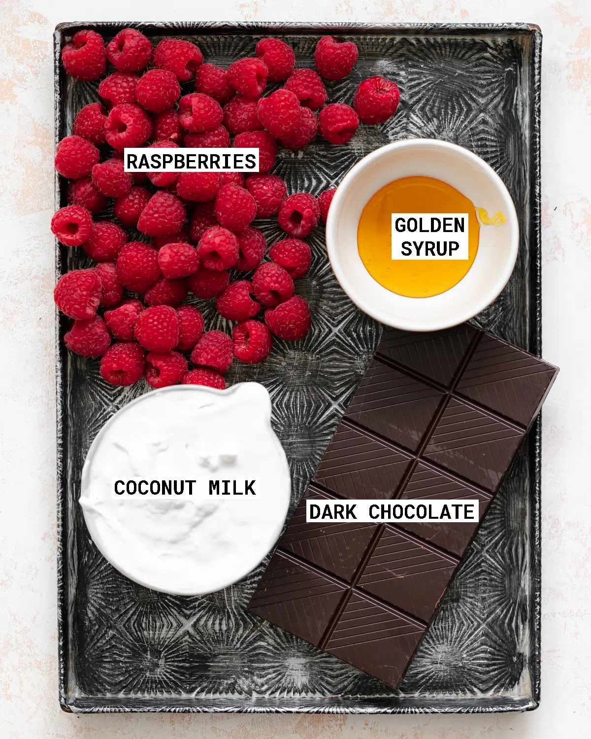 ingredients to make vegan raspberry chocolate ganache cake.
