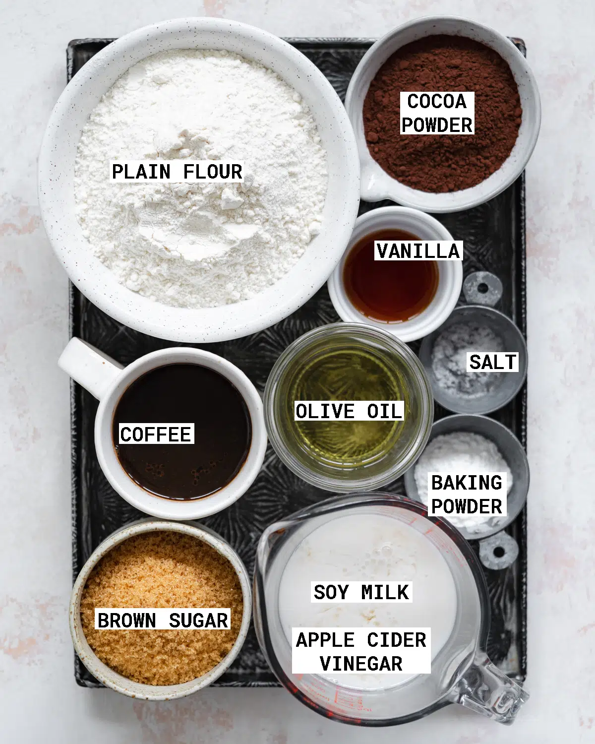 ingredients to make vegan raspberry chocolate cake.