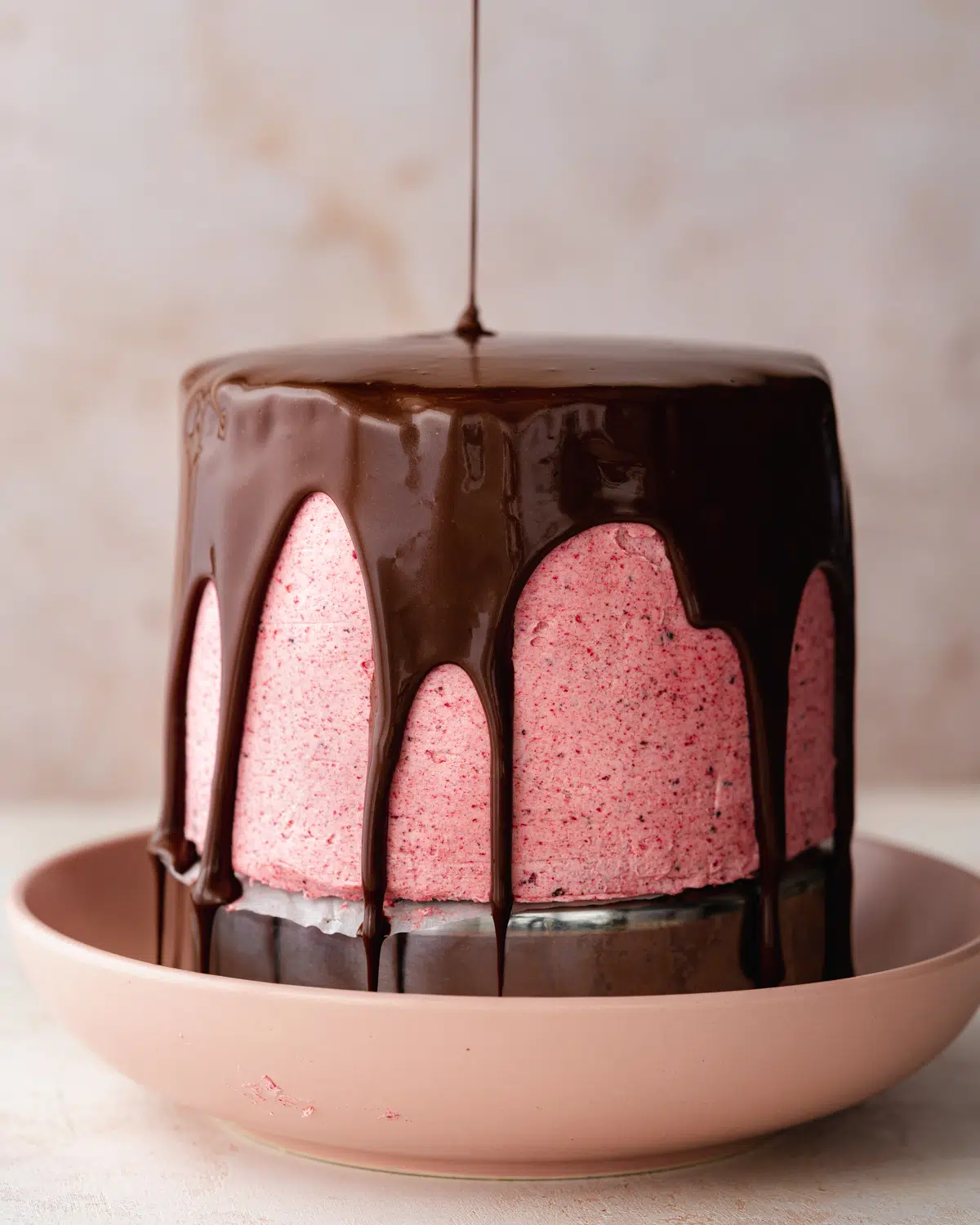 chocolate raspberry cake with chocolate ganache drip.
