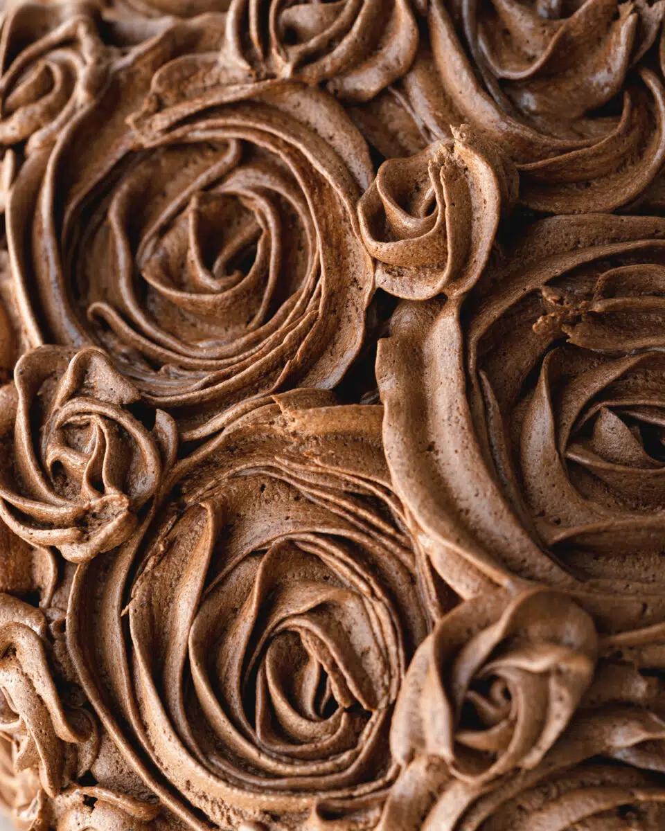 top down view of buttercream roses piped from chocolate frosting.