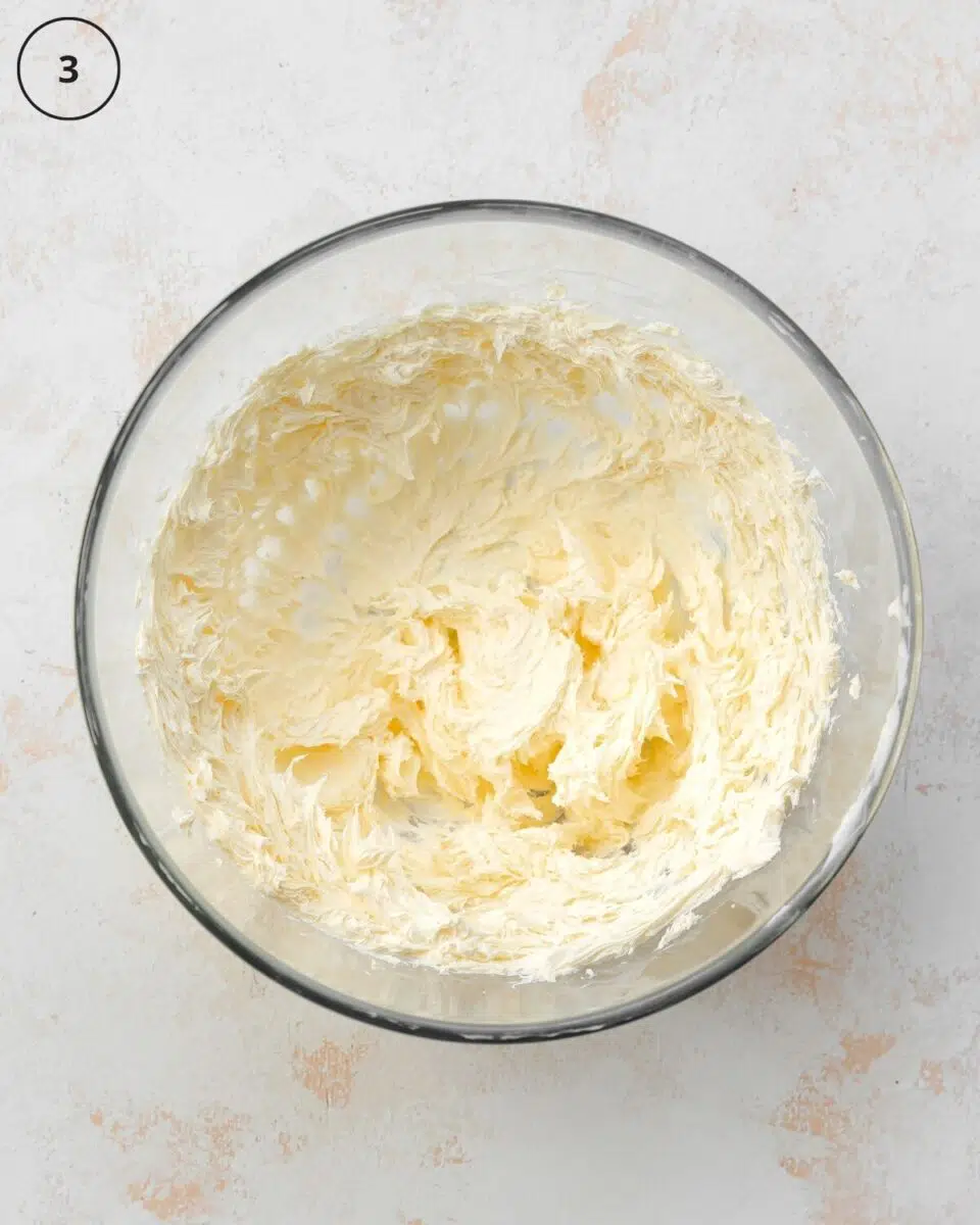 top down view of whipped buttercream in a bowl.