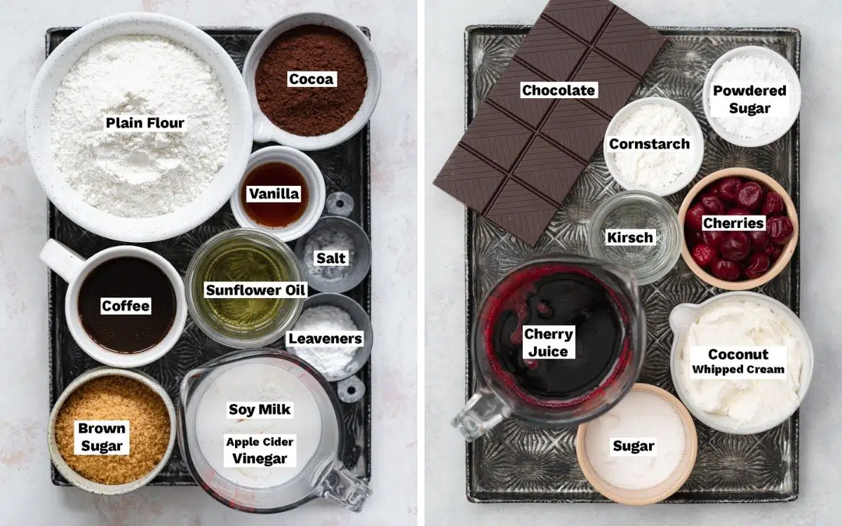 ingredients for black forest cake measured out on a metal tray.