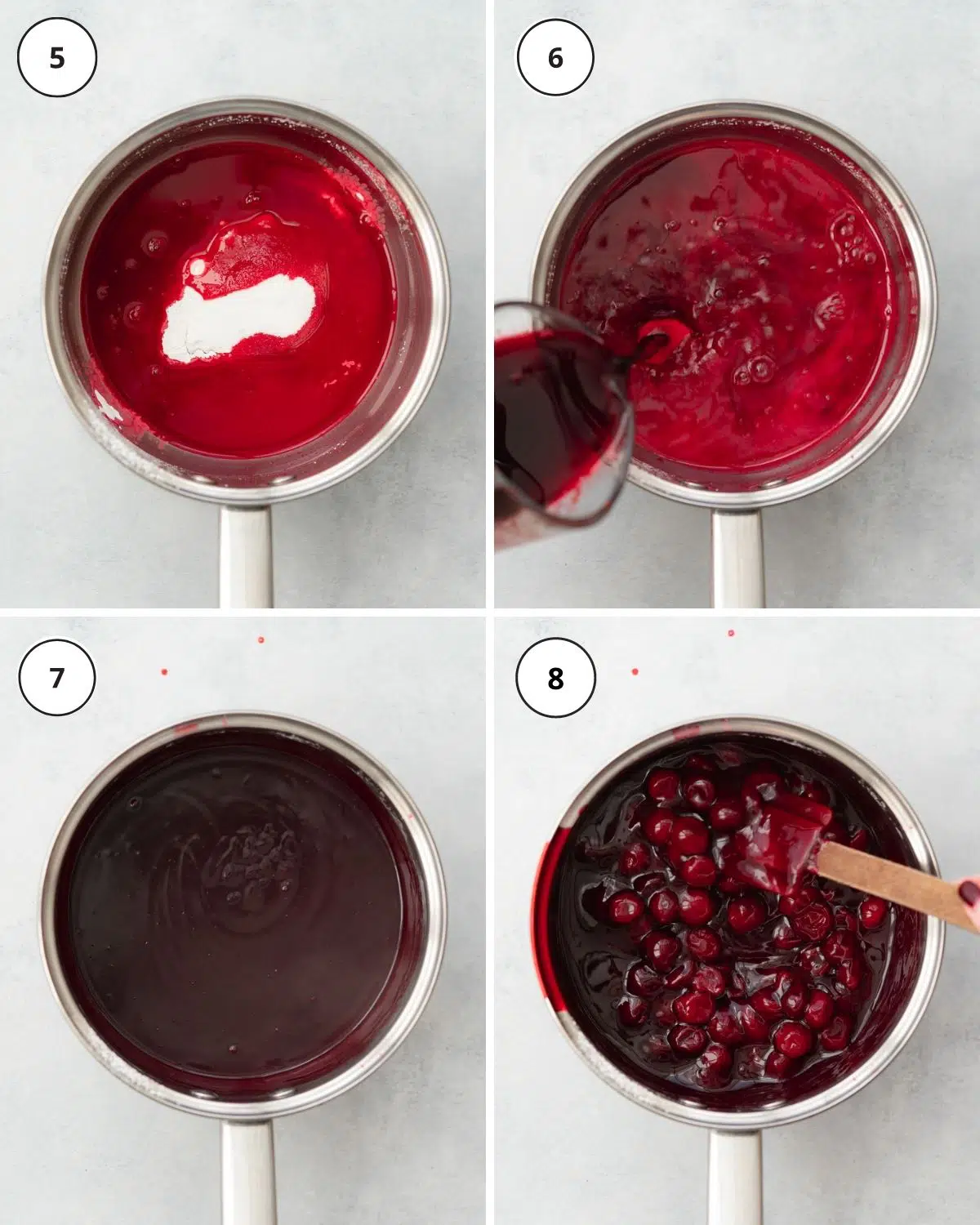 making cherry sauce in a saucepan with dark cherries stirred through.