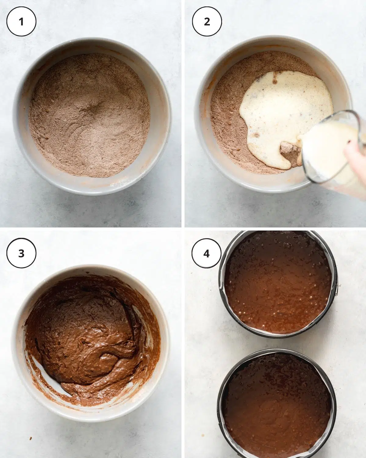 collage showing wet ingredients being mixed into a large bowl of dry ingredients to make chocolate cake.