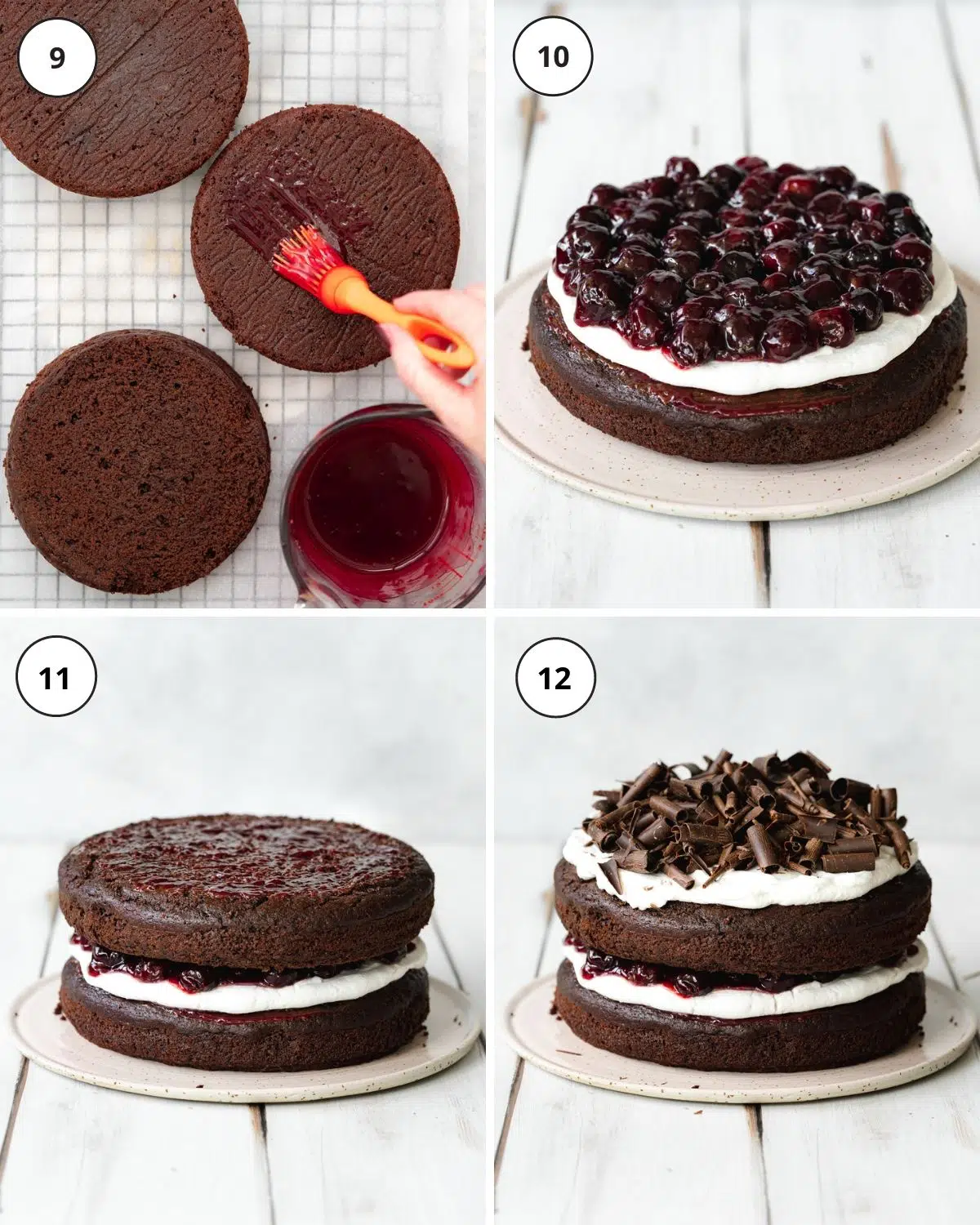 collage showing black forest cake being assembled with layers of coconut cream and cherries.