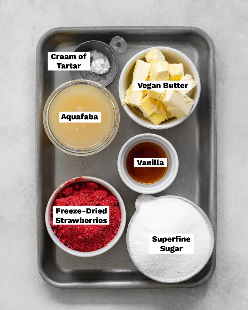 top down view of ingredients measured out for vegan strawberry buttercream on a metal tray.