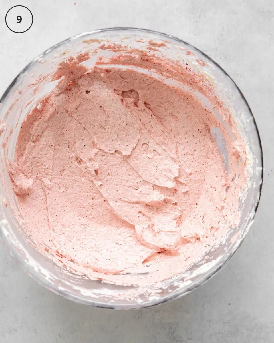 strawberry frosting in a clear bowl.