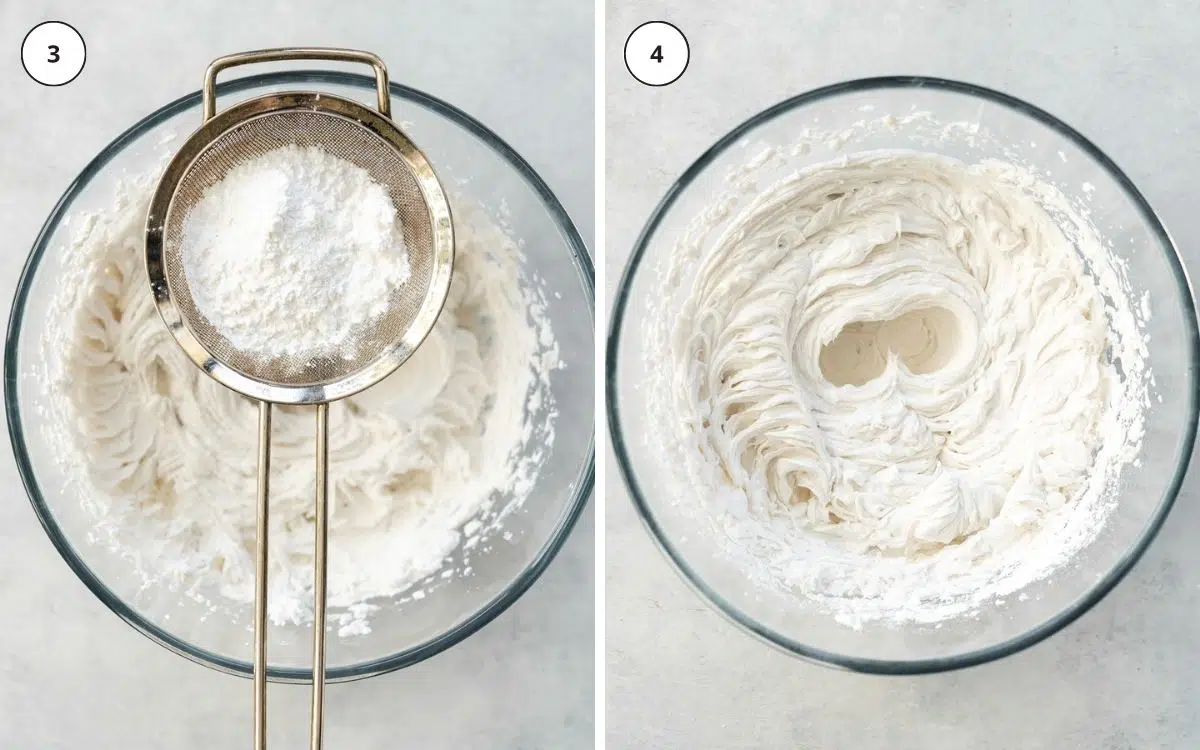 top down view of a sieve with powdered sugar sitting on top of a bowl of coconut cream.