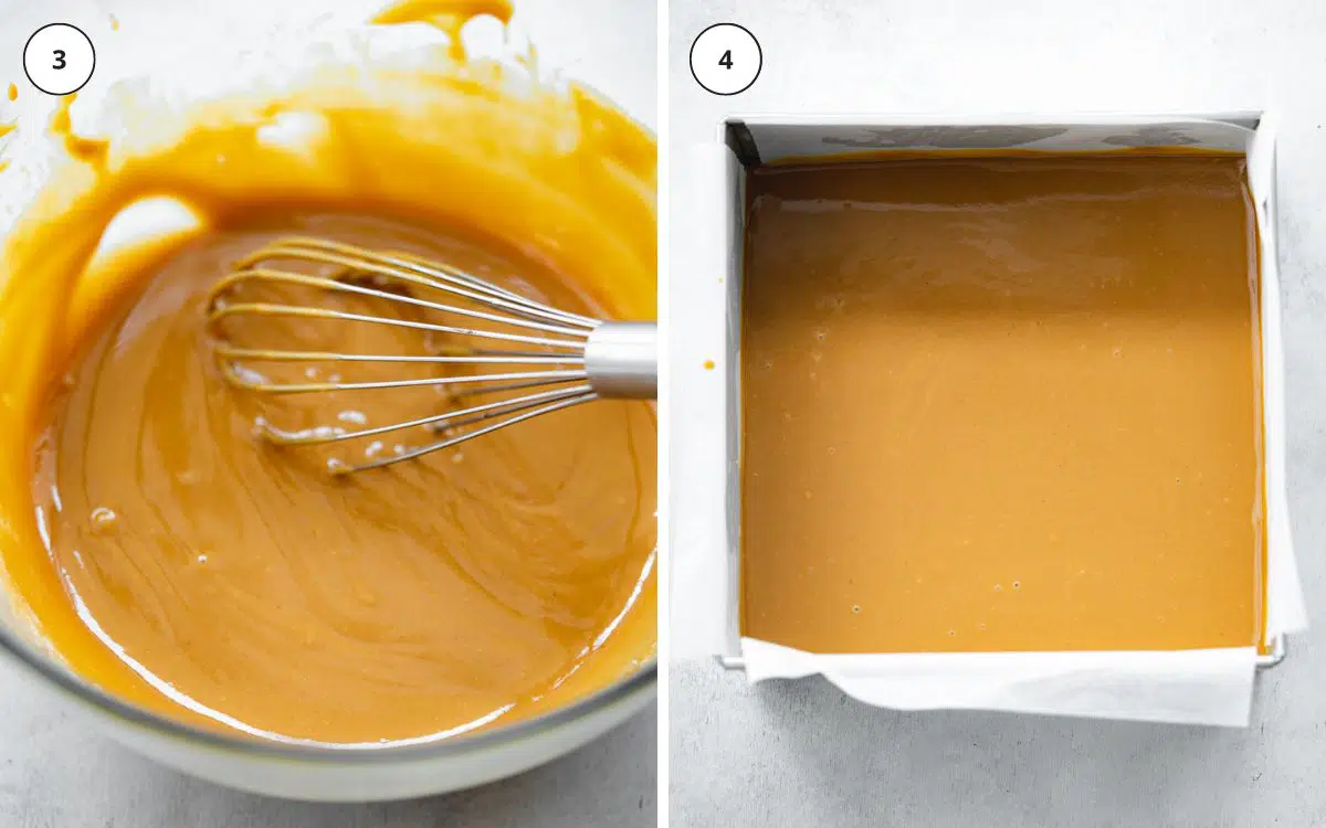 melted peanut butter in a bowl with a whisk and in a square pan lined with parchment paper.