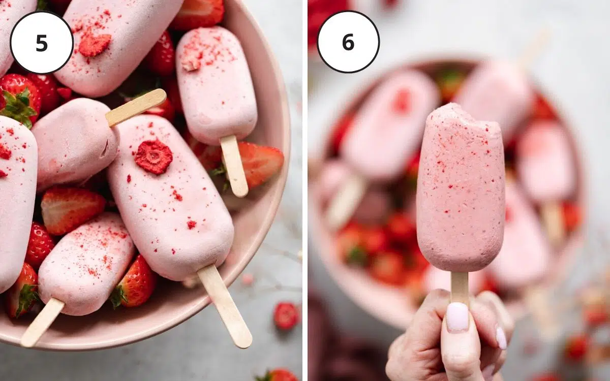 strawberry ice cream bars in a pink bowl with fresh strawberries.