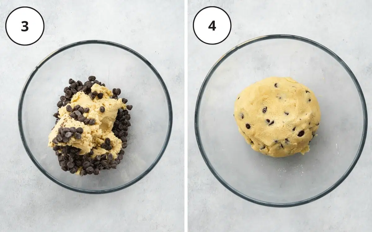 cookie dough in a clear bowl.