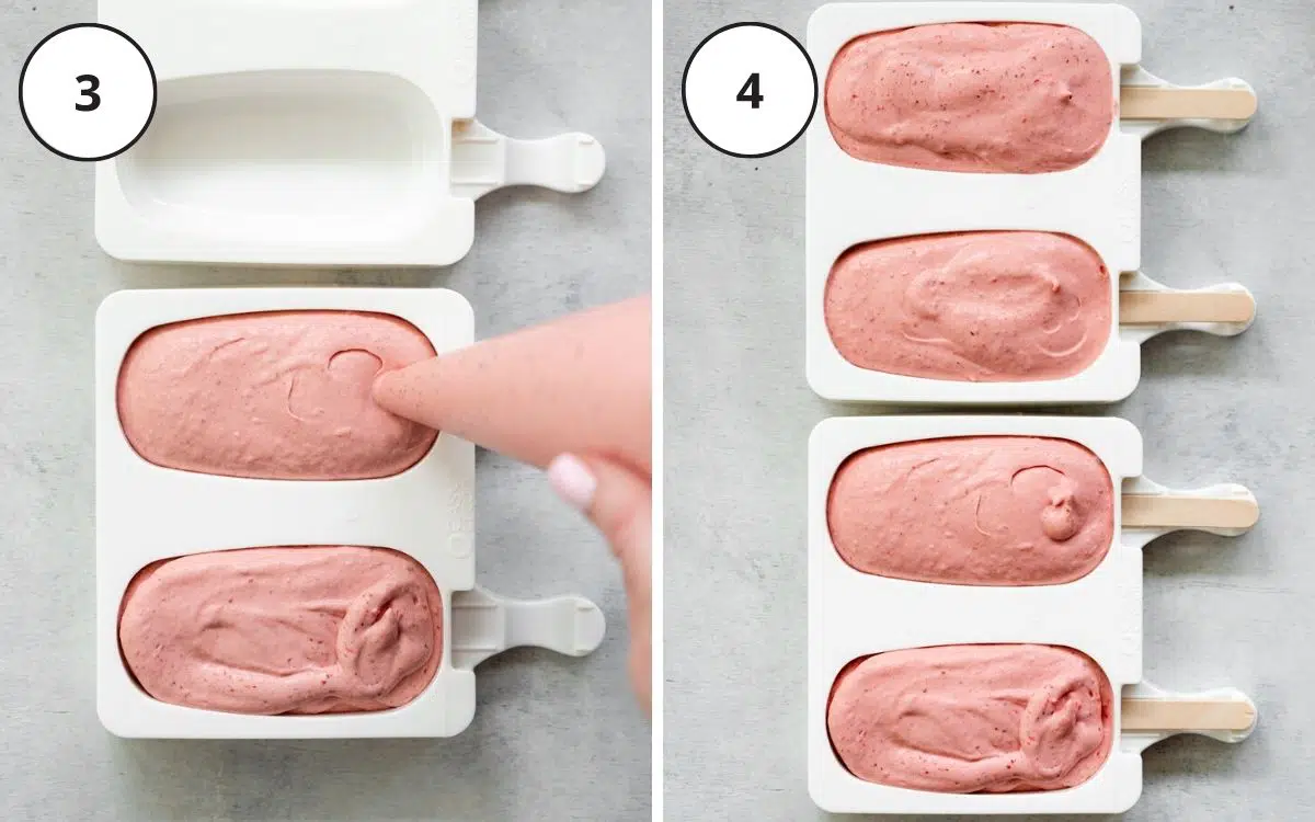 filling silicone ice cream molds with strawberry ice cream.
