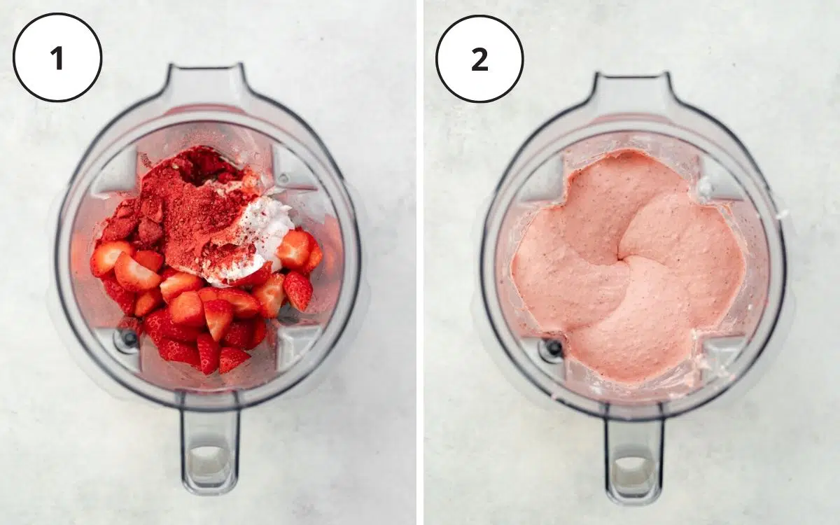 ingredients for strawberry ice cream in a high speed blender.