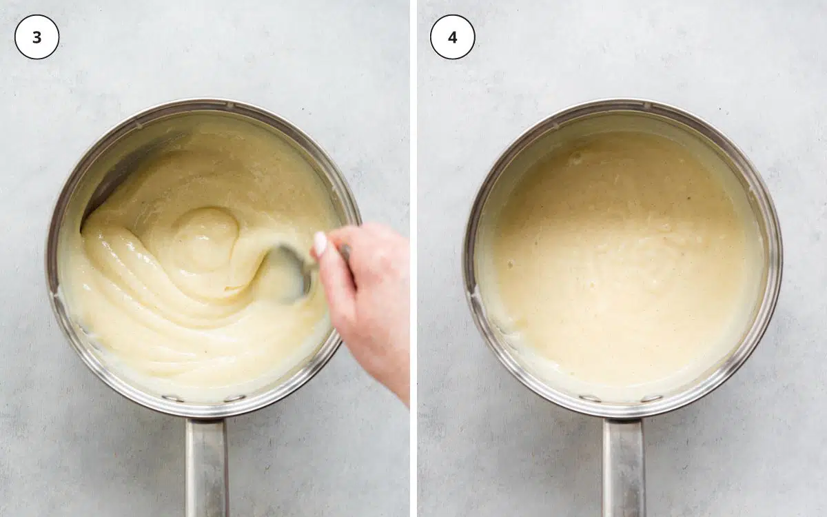 mixing custard in a saucepan with a spatula.