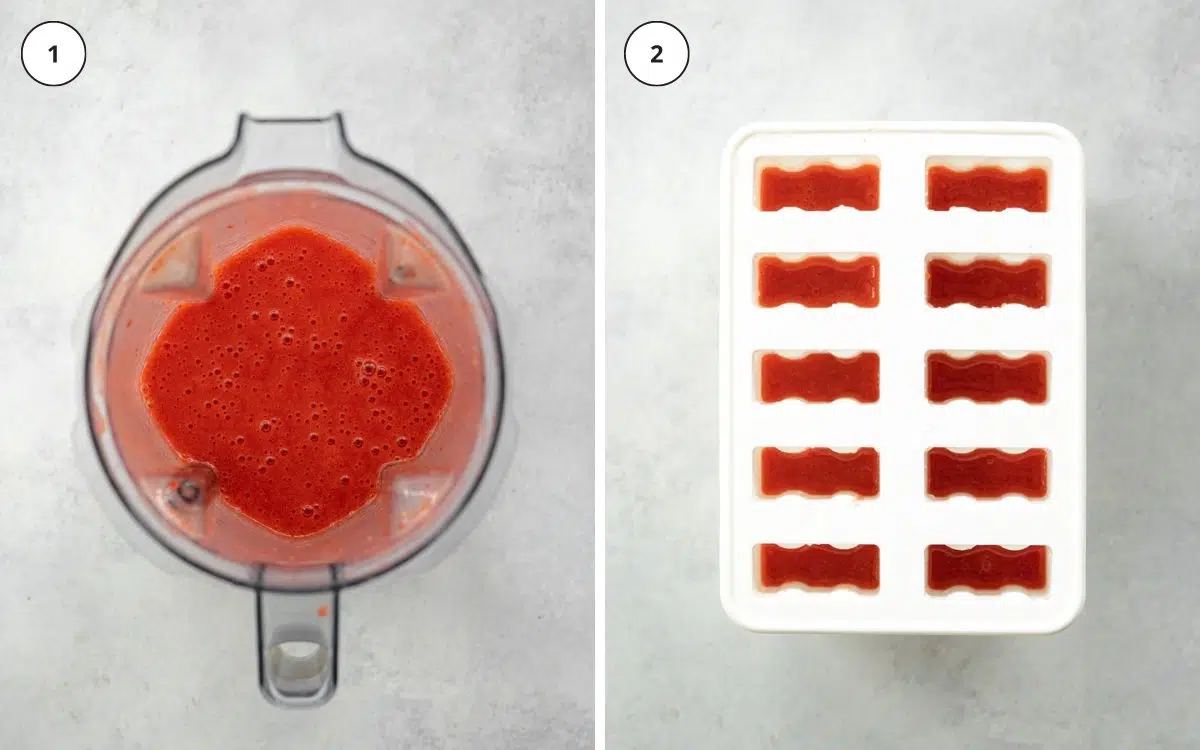 filling popsicle molds with strawberry puree.