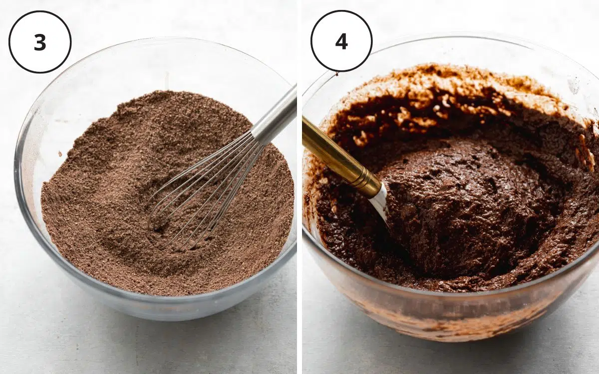 mixing together ingredients to make chocolate muffin batter.