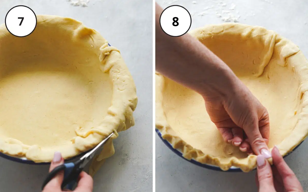 pressing pie crust into a pastry tin.