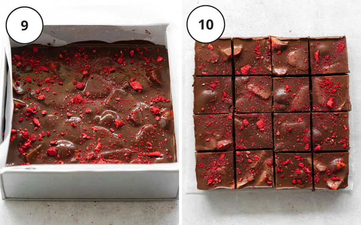 strawberry brownies in a lined square cake tin.