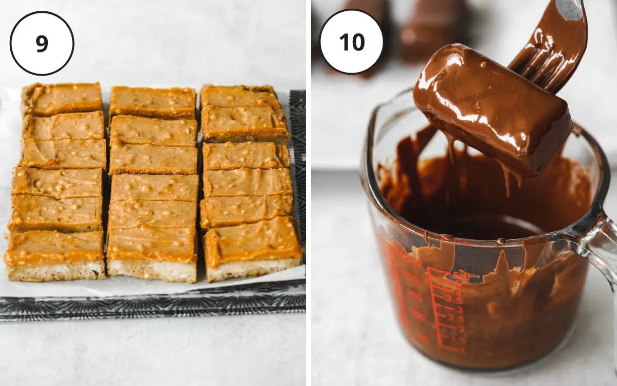 dipping peanut butter protein bars in melted chocolate.