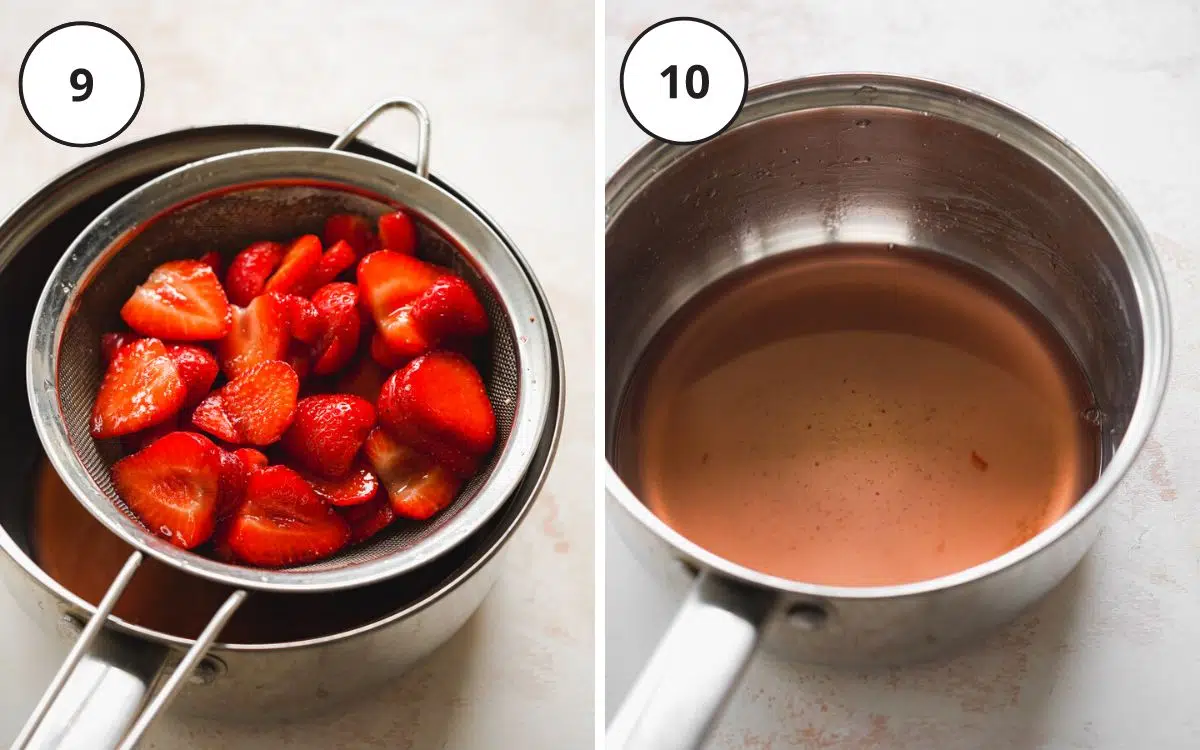 strawberries in a fine mesh sieve and strawberry syrup in a saucepan.