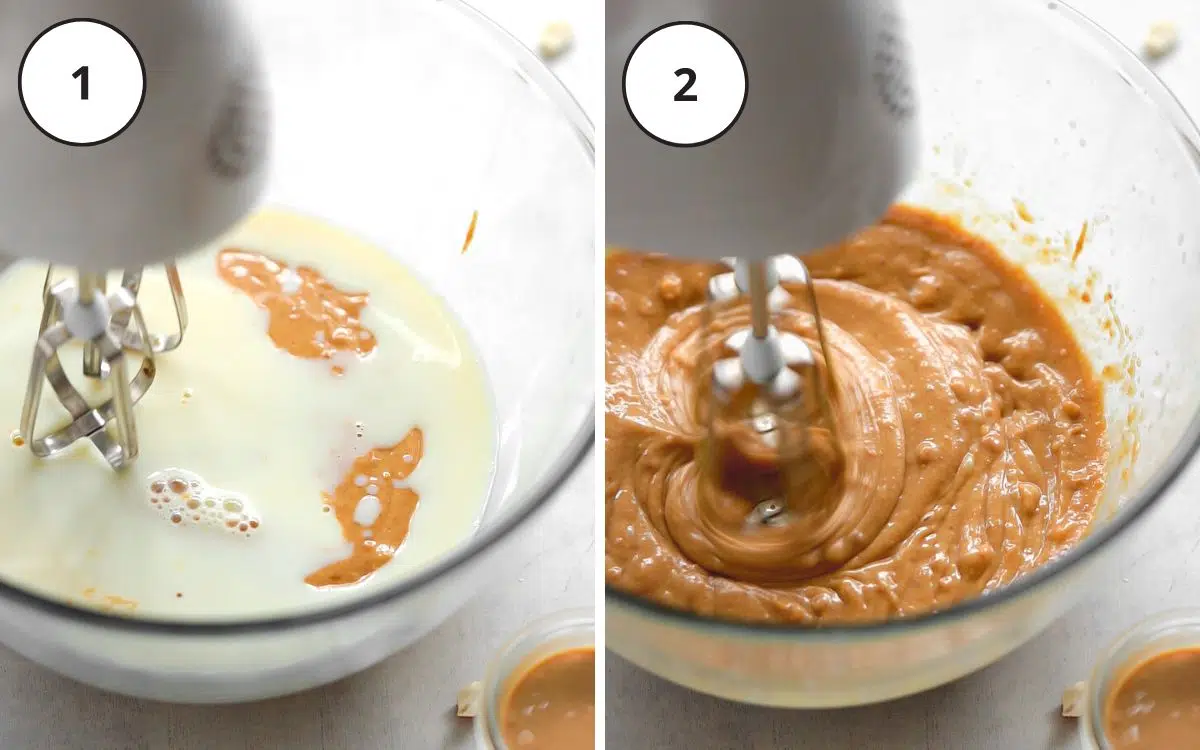 mixing ingredients for peanut butter protein bars with an electric whisk.