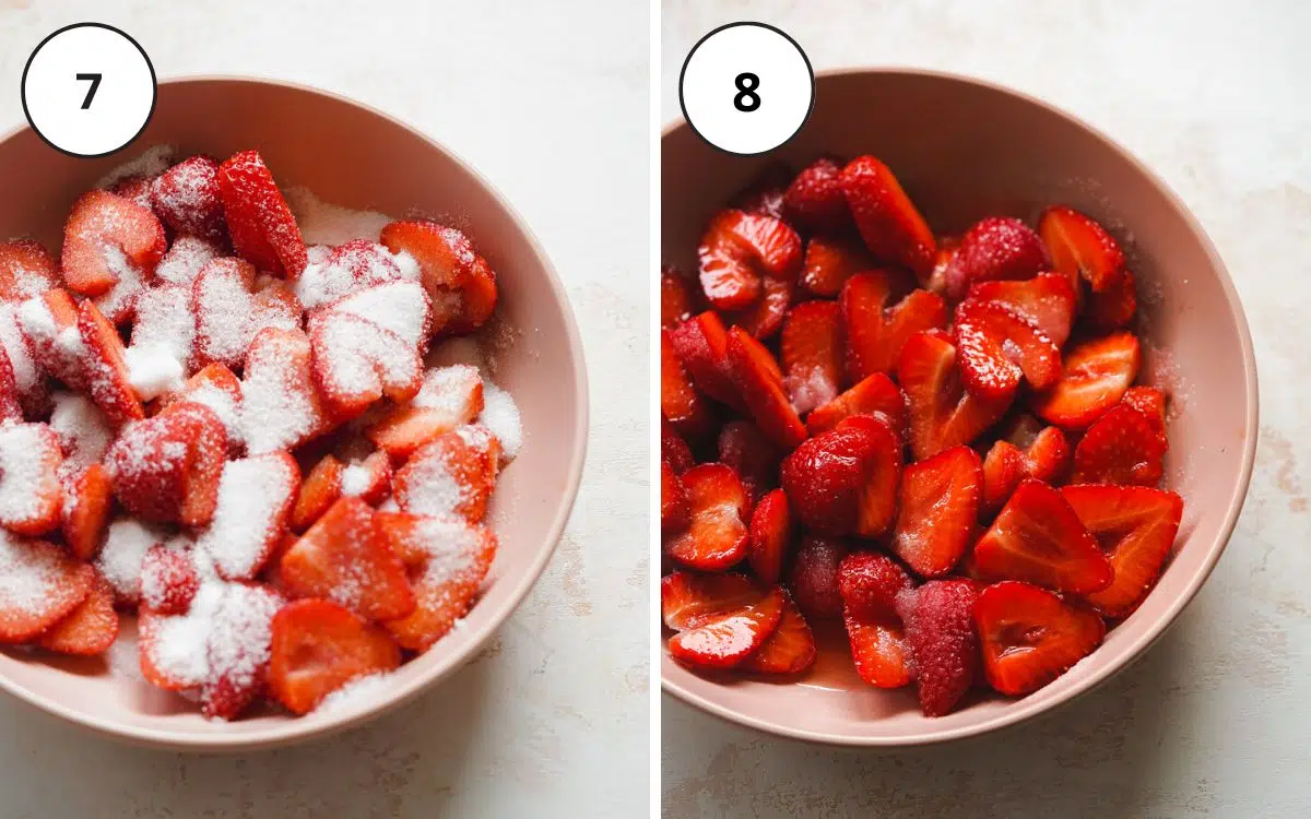 sliced strawberries and sugar in a pink bowl.